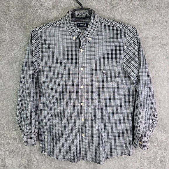 Mens Chaps Black White Plaid Shirt Long Sleeve Button Down Cotton Blend Size M - Picture 2 of 9